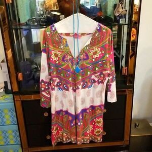 GORGEOUS DRESS WITH MULTICOLORED PATTERN & SILVER ADORNED! NECKLACE NOT INCLUDED